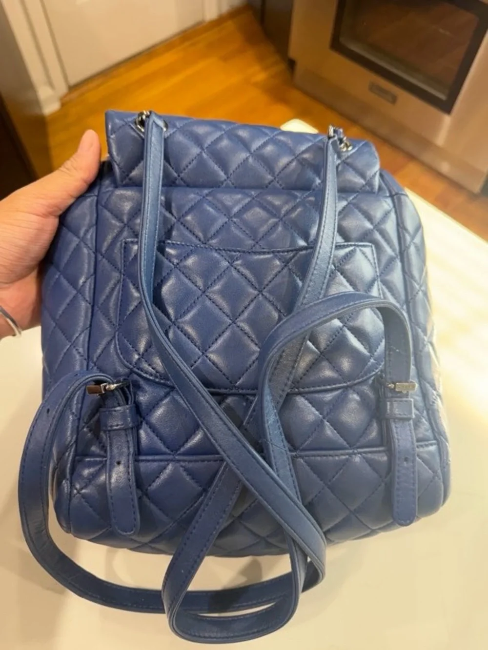 CHANEL Quilted Lambskin Backpack in Blue with Silver Hardware